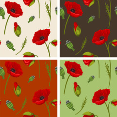 Set of 4 Papaver rhoeas, Poppy Flower Seamless Pattern Tiles