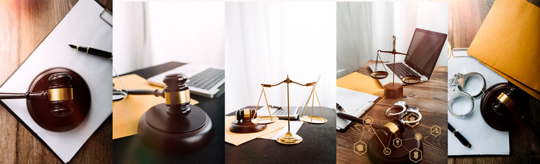 Business and lawyers discussing contract papers with brass scale on desk in office. Law, legal services, advice, justice and law concept picture with film grain effect