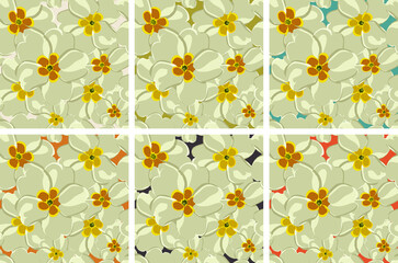 Set of 6 Primula vulgaris, Primrose Flower Seamless Pattern Tiles