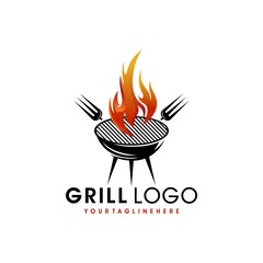 Vintage Grills barbecue with fork and fire flame logo design vector template
