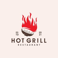 Vintage Grills barbecue with fork and fire flame logo design vector template
