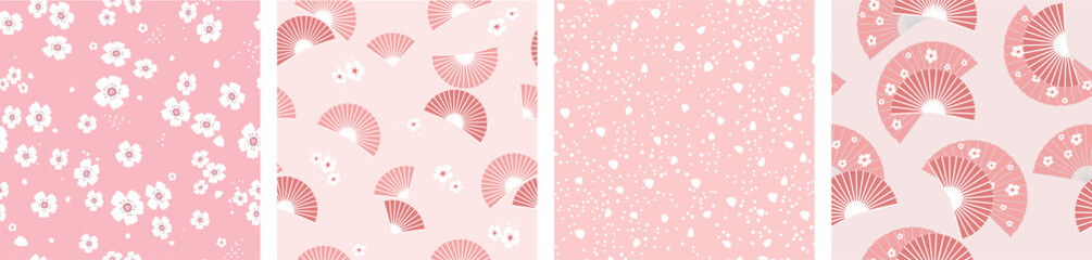 Delicate seamless set pattern fan with cherry blossoms. White flowers, petals on a pink background, simple shapes. Asian Japanese national accessories, style. Vector graphics.