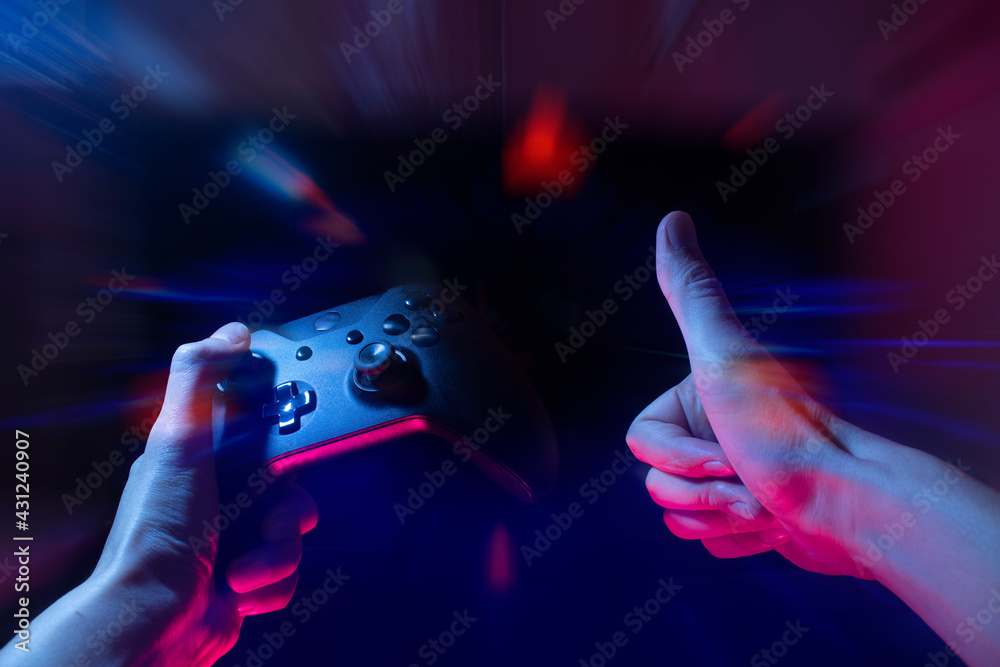 Poster gamer playing game by joystick with computer, gaming and esports concept