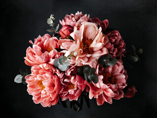 Pink peonies over dark background. Moody floral baroque style image
