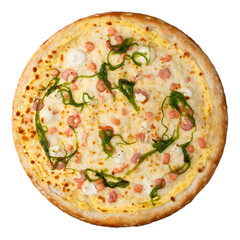 Top view on italian seafood pizza with shrimps, wakame and cheese