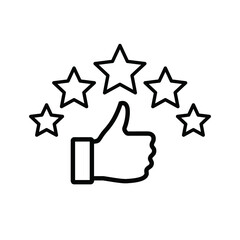 Five stars rating review icon. Feedback, Best seller, Quality icon. Vector. Customer review rating with 5 stars and thumb-up. Quality rating, feedback, five stars line symbol on white background.