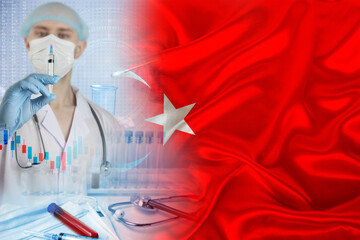 Turkey national flag on satin, doctor with a syringe, the concept of vaccination of the country's...