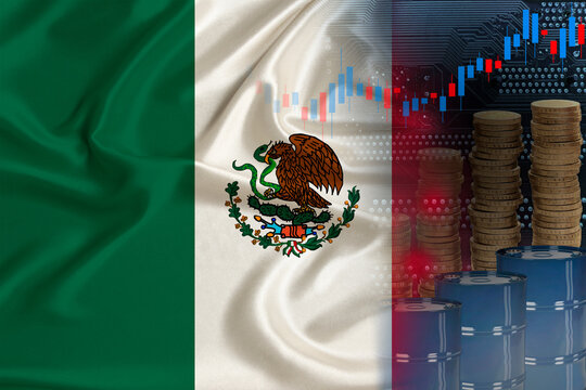 national flag of on silk, barrels of oil, metal coins, oil futures trading concept, growth of DBO index on stock exchange, global world trade, falling and rises oil prices