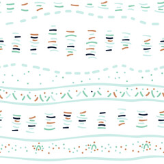Cute blue green brown seamless pattern of abstract lines and dots white background. Vector illustration, Hand drawn style