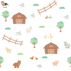 Cute brown barn, green trees, fence, farm cartoon animals seamless pattern on white background. Vector illustration in flat style. Sheep, ram, cow, chicken, rooster, goat, pig, horse, goose, duck © essskina