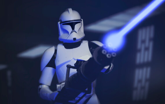 NEW YORK USA, MAY 1 2021: Scene from Star Wars The Clone Wars - Clone trooper Heavy with blaster defending Rishi Moon station - Hasbro action figure 