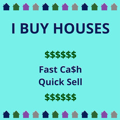 Buying house template for advertising. I buy houses fast cash image on blue background. Real estate ad.