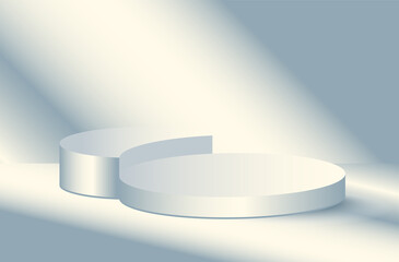 Blue 3d vector stage background for products. Cylinder podium mockup display with sun light and shadows.