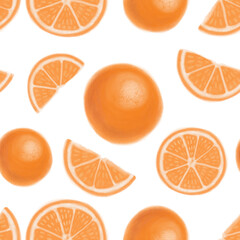 Seamless pattern: juicy orange and orange slices on a transparent background