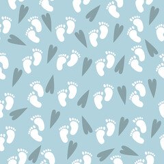 Seamless baby pattern of baby feet. Vector illustration on a blue background
