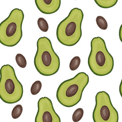 Seamless pattern: avocado and avocado seeds on a transparent background