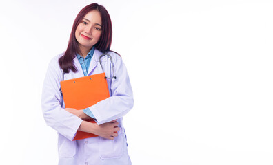 Cheerful young woman doctor in uniform with stethoscope holding clipboard isolated on white background. Smile female medical looking at camera while standing on white background. Healthy care concept.