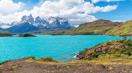 Pehoe Lake panorama with Cuernos del Paine and copy space, Torres del Paine national park, Patagonia, Chile.
