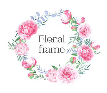 Hand drawn watercolor wreath of pink peonies and leaves