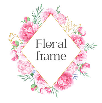 Hand drawn watercolor golden frame pink peonies and crystals
