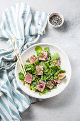 Japanese sliced grilled tuna steak salad with sesame and suace. Close up