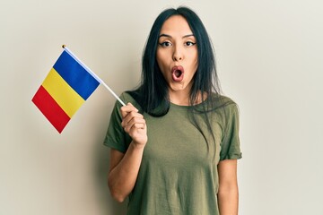 Young hispanic girl holding romania flag scared and amazed with open mouth for surprise, disbelief...