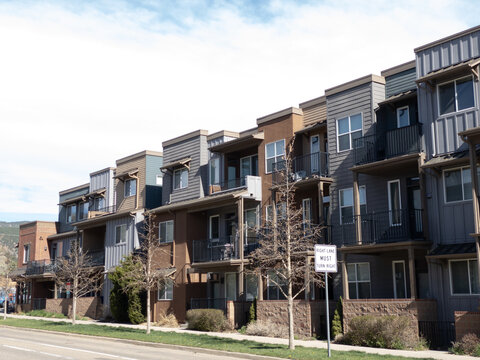 Regular Street Scene Without People In A Housing Area With Multiple Units Including Condo Or Townhouse With Balcony Or Veranda Without People In Boulder, Colorado