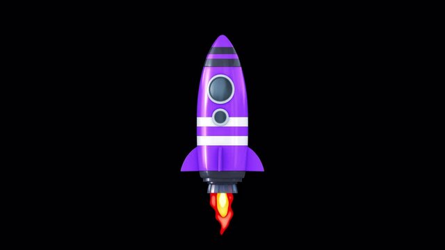 Cartoon Purple Space Rocket. Funny animation on transparent background. Looped video. Alpha channel.