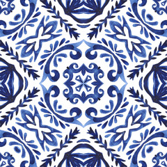 Abstract blue and white hand drawn tile seamless ornamental watercolor paint pattern.