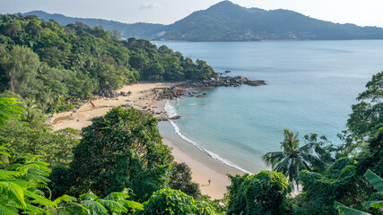Amazing Picturesque view of Andaman sea in Phuket island Thailand.Nature View through the jungle on the beautiful bay and mountains in Tropical island Located at beach Laem Sing beach