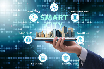 Fototapeta na wymiar Businessman in smart city modern concept