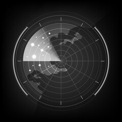 Digital black and white realistic radar screen, Abstract radar with targets, Military search system, Vector illustration.