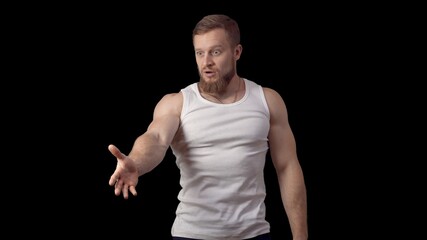 It's you. A man looks into the frame and shows his finger .. Caucasian man in a T-shirt. High quality photo