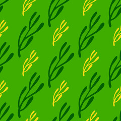 Seamless botanic pattern with herbal branches ornament. Doodle simple print in green and yellow tones.