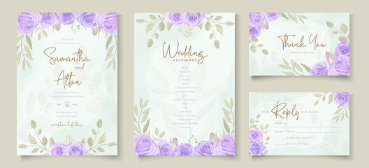 Set of wedding invitation template with beautiful purple blooming roses design