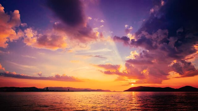 Dramatic Landscape of Sea or Ocean and Shining Golden Sky at Sunset in Summer, Tropical and Environmental Image, Nobody, Time Lapse Background