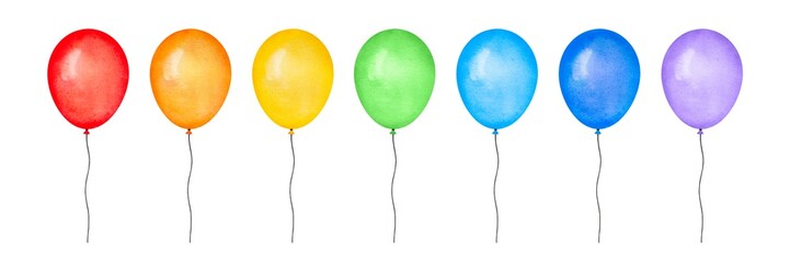 Watercolor collection of colorful party balloons of rainbow colors: red, yellow, orange, green, light blue and violet. Hand painted water color graphic drawing, cut out clipart elements for design. - 431259371