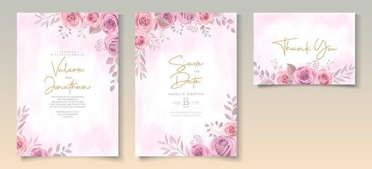 Set of wedding invitation template with beautiful soft pink blooming roses design