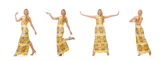 Pretty girl in yellow floral dress isolated on white