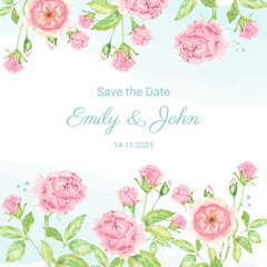 Fototapeta na wymiar watercolor beautiful English rose flower bouquet garden square wedding invitation template background