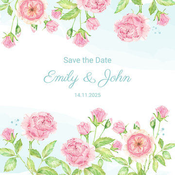 watercolor beautiful English rose flower bouquet garden square wedding invitation template background