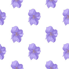 Isolated seamless doodle pattern with outline blue flower silhouettes. White background. Blossom backdrop.
