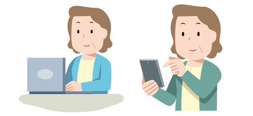 年配女性がインターネットとスマホをするイラスト素材
