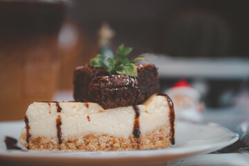 Piece of cake and decoration with piece chocolate brownies