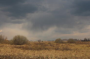 storm clouds over a field in nature with a forest landscape