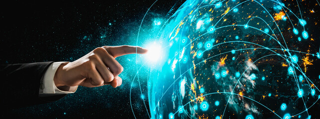 Global network connection covering earth with link of innovative perception . Concept of international trading and digital investment, 5G global wireless connection and future of internet of things .