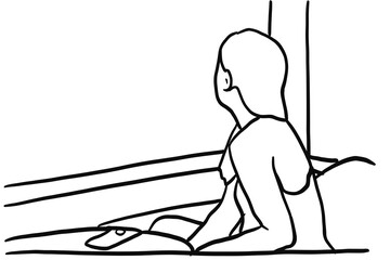 Line drawing woman sitting to relax and look at the sea with a relaxed mood, concept continuous line drawing