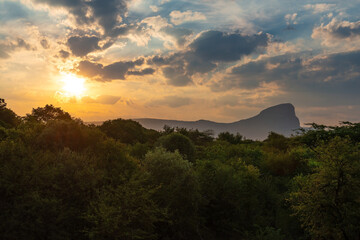 Obraz premium Sunset landscape in the savannah with the Hanglip or Hanging Lip mountain peak, Entabeni Safari Game Reserve, Waterberg, Limpopo Province, South Africa.