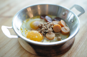 pan-fried egg with pork and toppings, Breakfast food in asian style