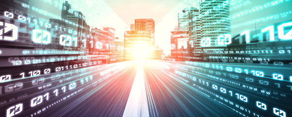 Digital data flow on road with motion blur to create vision of fast speed transfer . Concept of future digital transformation , disruptive innovation and agile business methodology .